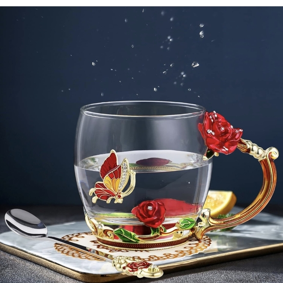 NWOT Red Rose & Butterfly Tea/Coffee Mug W/Silver Spoon - Picture 1 of 6